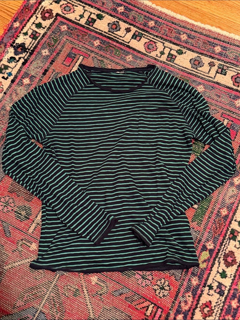 Striped Long Sleeve Linen Pocket Tee - Navy & Teal